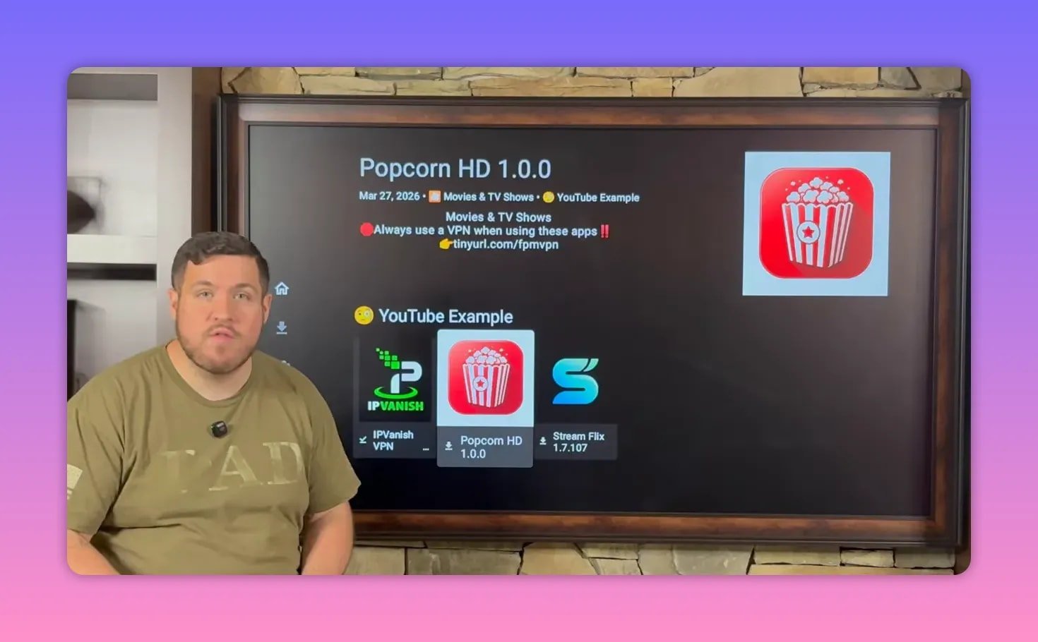 Popcorn HD 1.0.0 shown in Unlinked library with YouTube Example section and VPN instructions