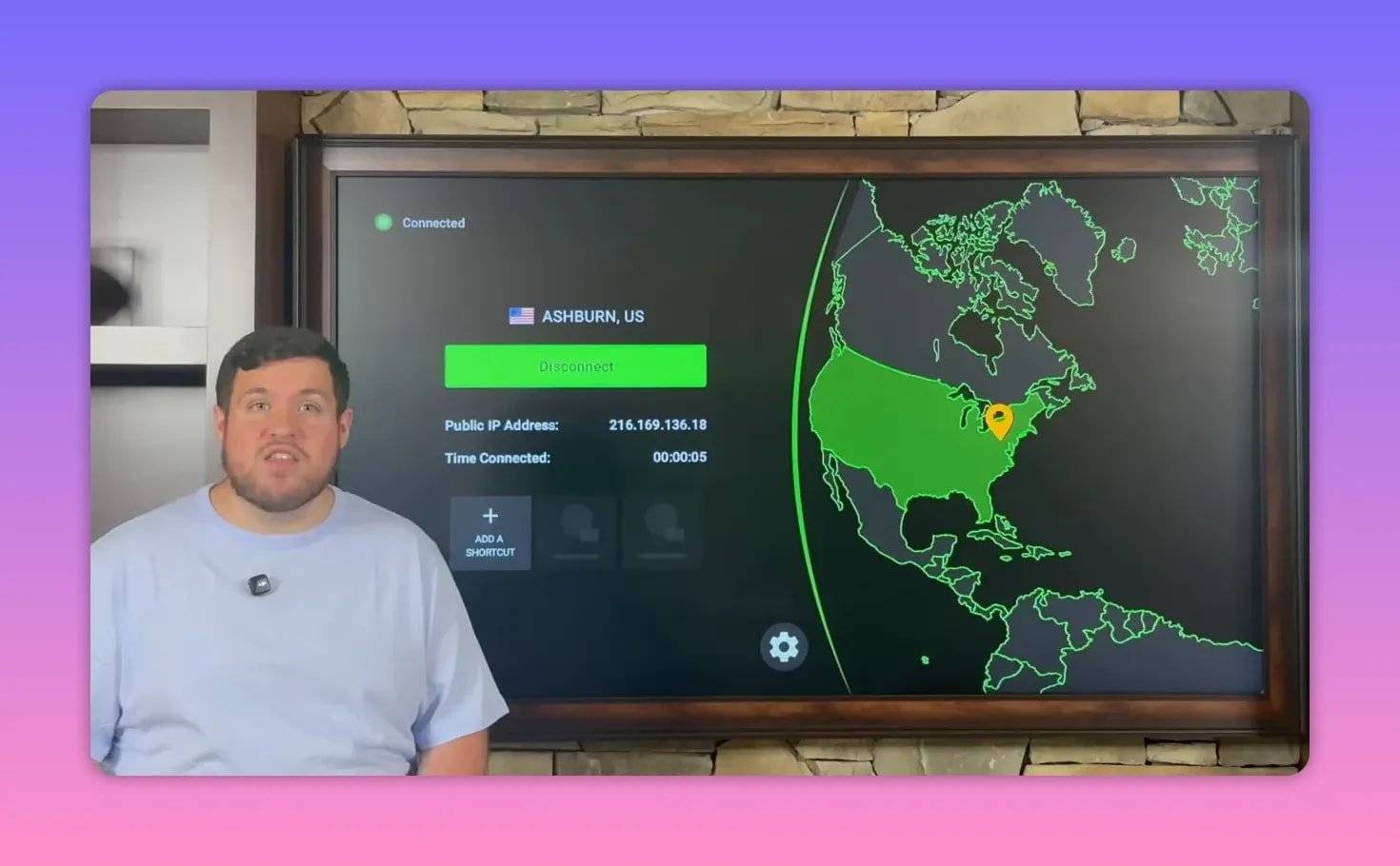 IPVanish connected screen with active server location, public IP, and time connected
