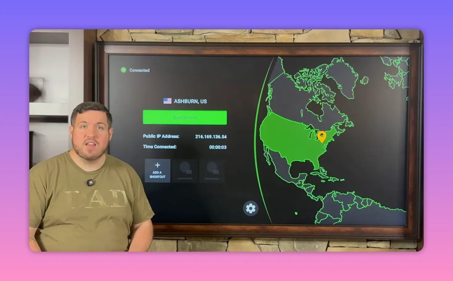 IPVanish connected screen showing Ashburn, US location and time connected