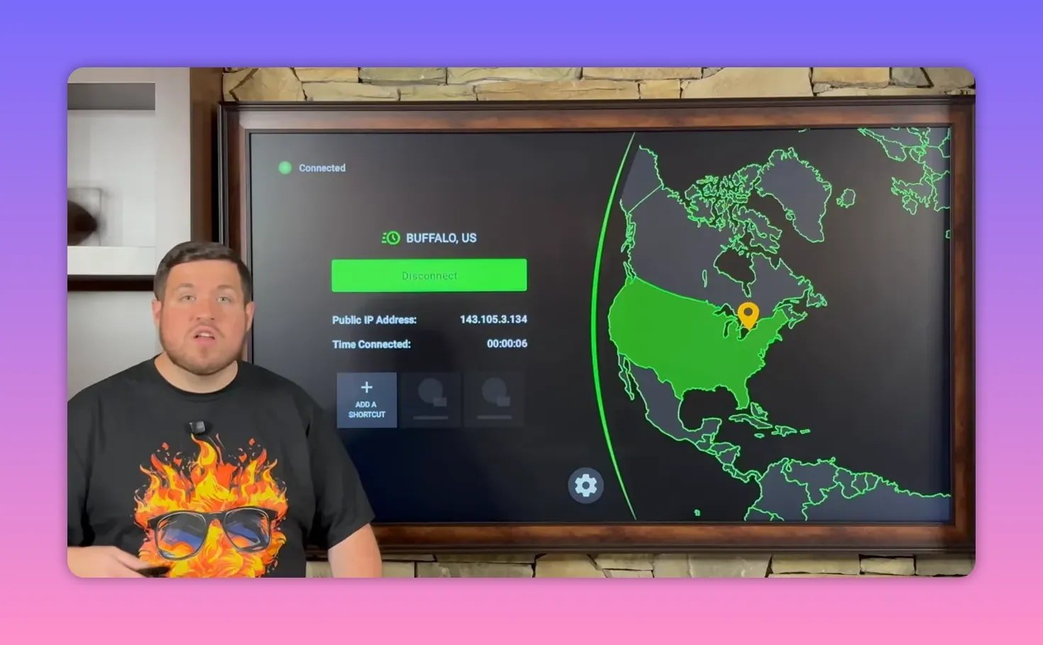 IPVanish connected screen on Fire TV showing Buffalo, US and connected VPN time