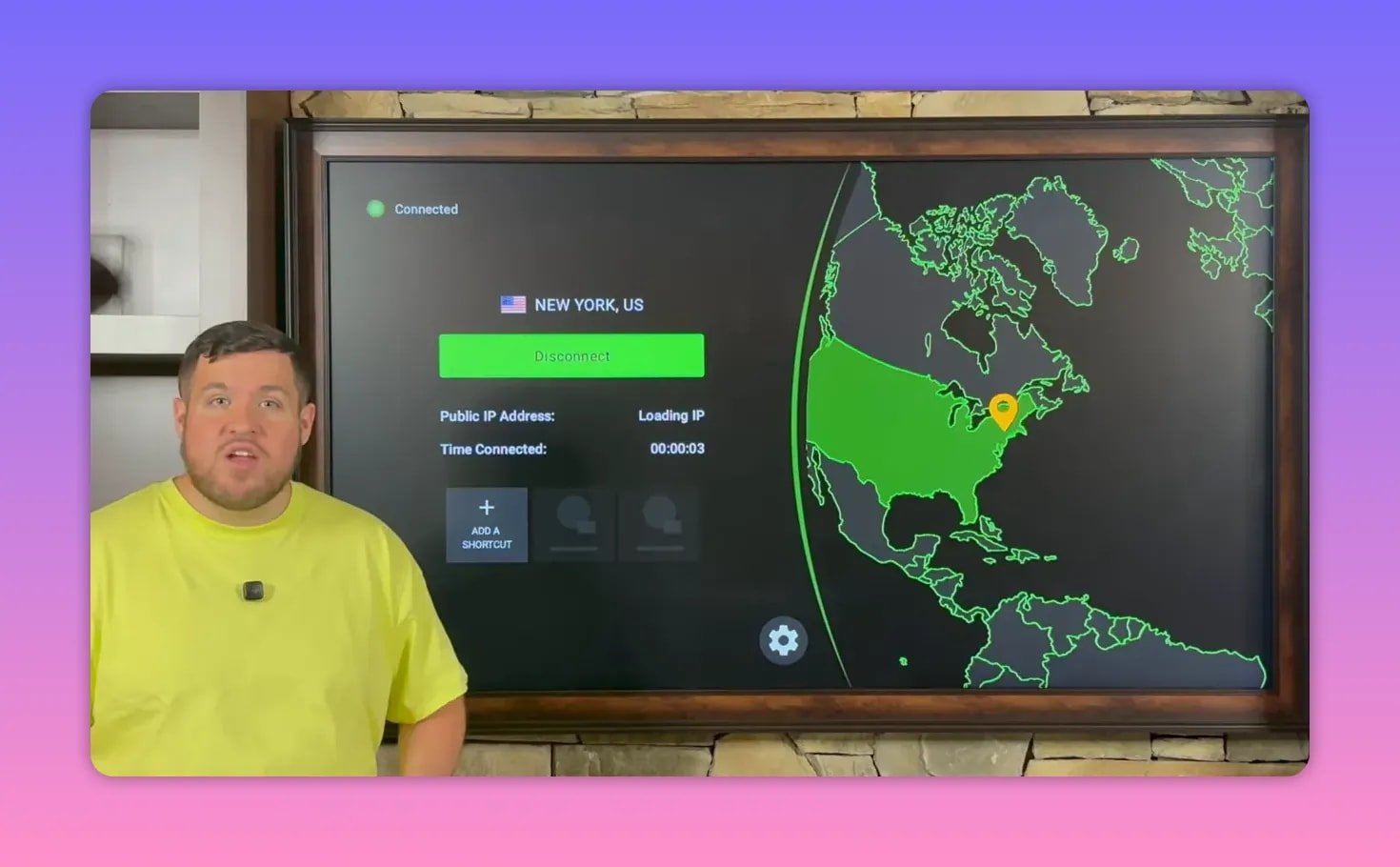 IPVanish connected showing green map, highlighted New York location, and connection timer