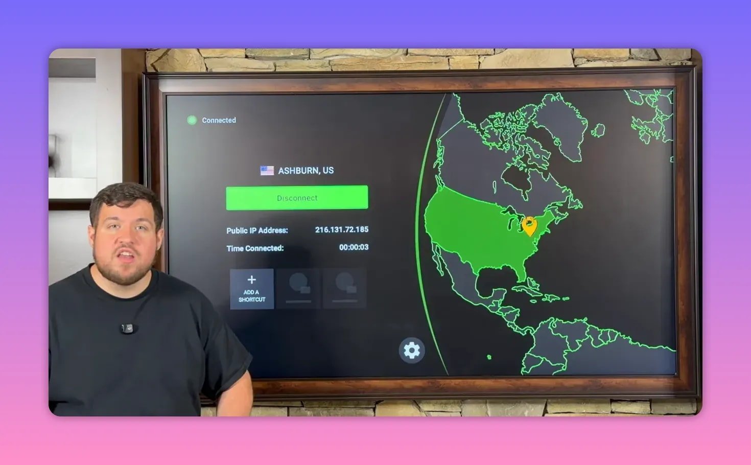 IPVanish connected screen showing active VPN location on the map and connected time