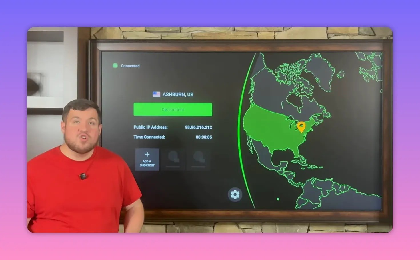 IPVanish VPN screen showing connected status, server location highlight on map, and time connected counter