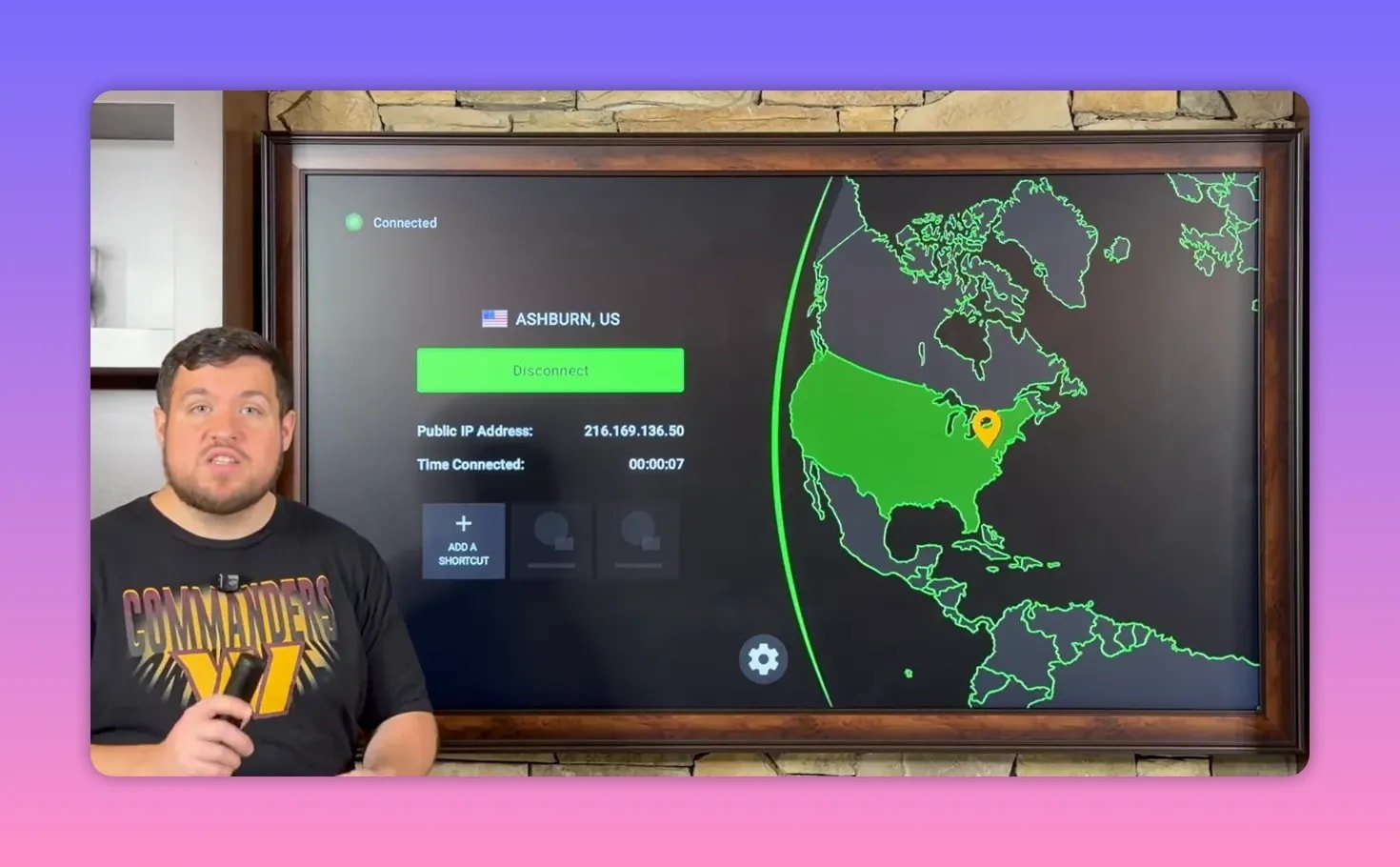 IPVanish VPN connected screen showing Disconnect button, public IP address, and time connected