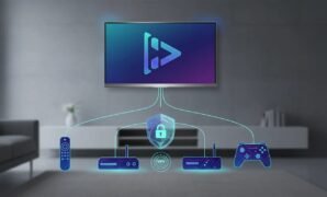 one-click-free-streaming-setup-vpn-devices Illustration of a one-click free streaming setup showing connected Fire Stick, ONN box, Android TV box, and Nvidia Shield devices with an abstract play symbol and VPN shield effect, no text.