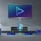 Illustration of a one-click free streaming setup showing connected Fire Stick, ONN box, Android TV box, and Nvidia Shield devices with an abstract play symbol and VPN shield effect, no text.