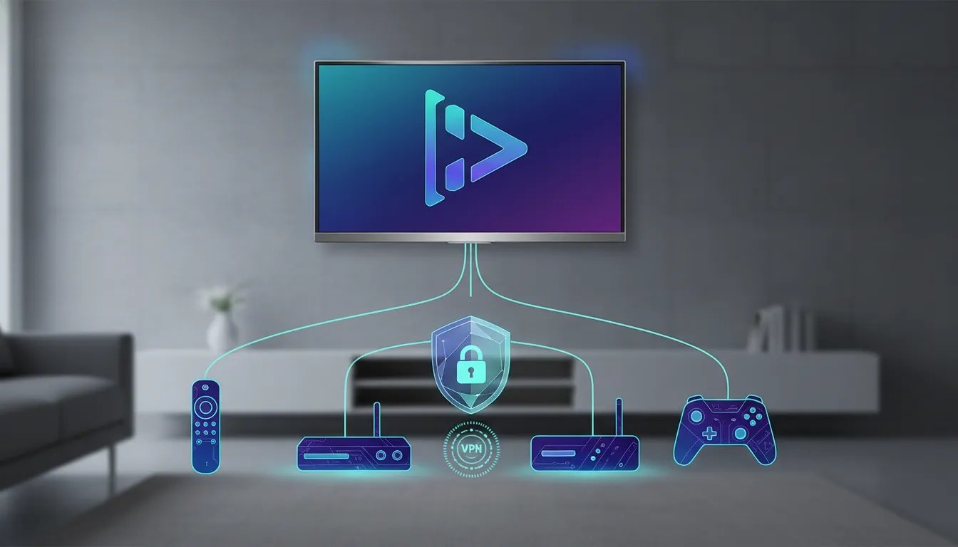 Illustration of a one-click free streaming setup showing connected Fire Stick, ONN box, Android TV box, and Nvidia Shield devices with an abstract play symbol and VPN shield effect, no text.