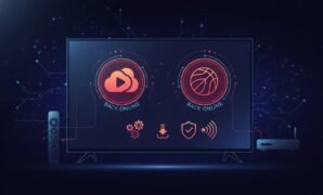 stream-fire-sports-fire-reinstall-setup-vpn-android-tv Illustration showing streaming apps being reinstalled on Fire Stick and Android TV with settings, download, and VPN/security connection icons—no text.