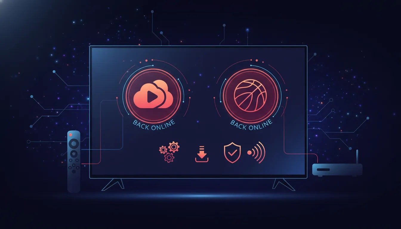 Illustration showing streaming apps being reinstalled on Fire Stick and Android TV with settings, download, and VPN/security connection icons—no text.