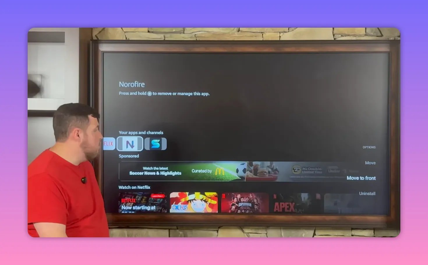 Fire TV home screen highlighting the NoroFire app with options including move to front