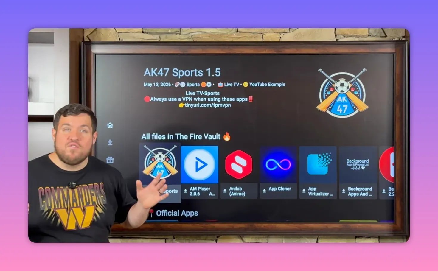 Unlinked Fire Vault library screen showing AK47 Sports 1.5 and VPN warning