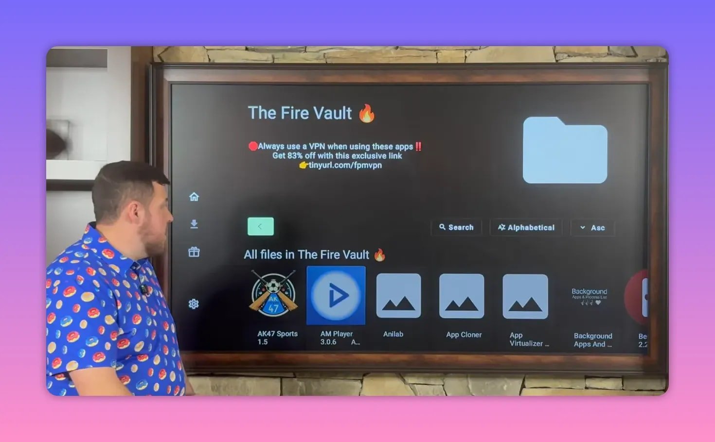 Fire Vault library inside Unlinked showing app tiles and “All files in The Fire Vault” screen