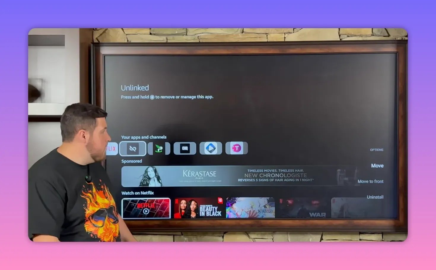 Unlinked app options menu displaying Move to front for selected app