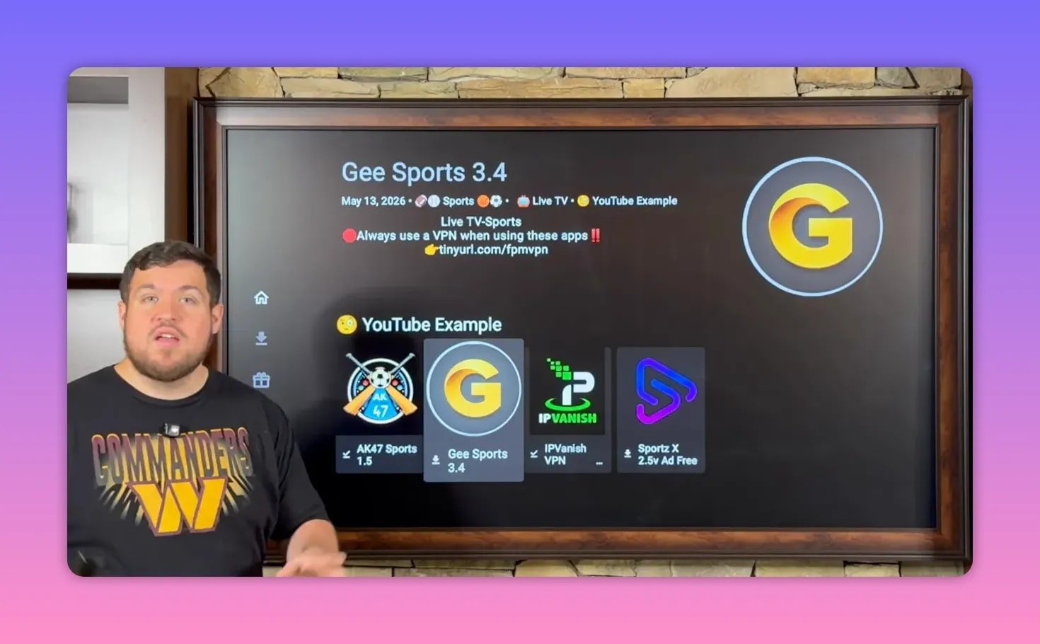 Unlinked sports library showing Gee Sports 3.4 and other app icons with IPVanish VPN tile